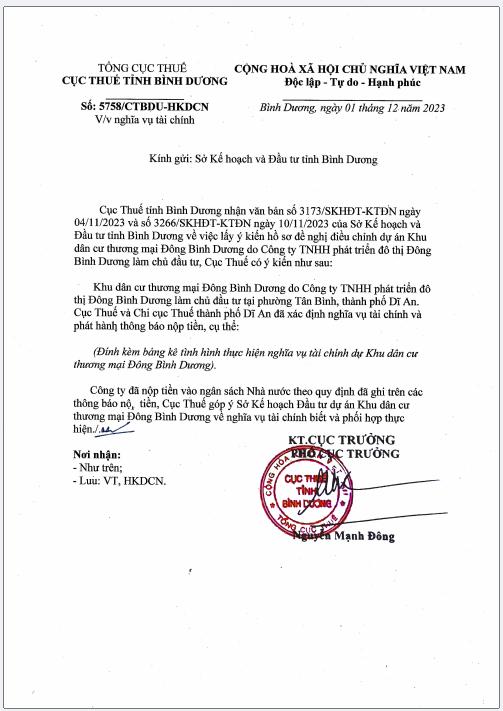 Dự án Đông Bình Dương đã có thông báo hoàn thành nghĩa vị thuế