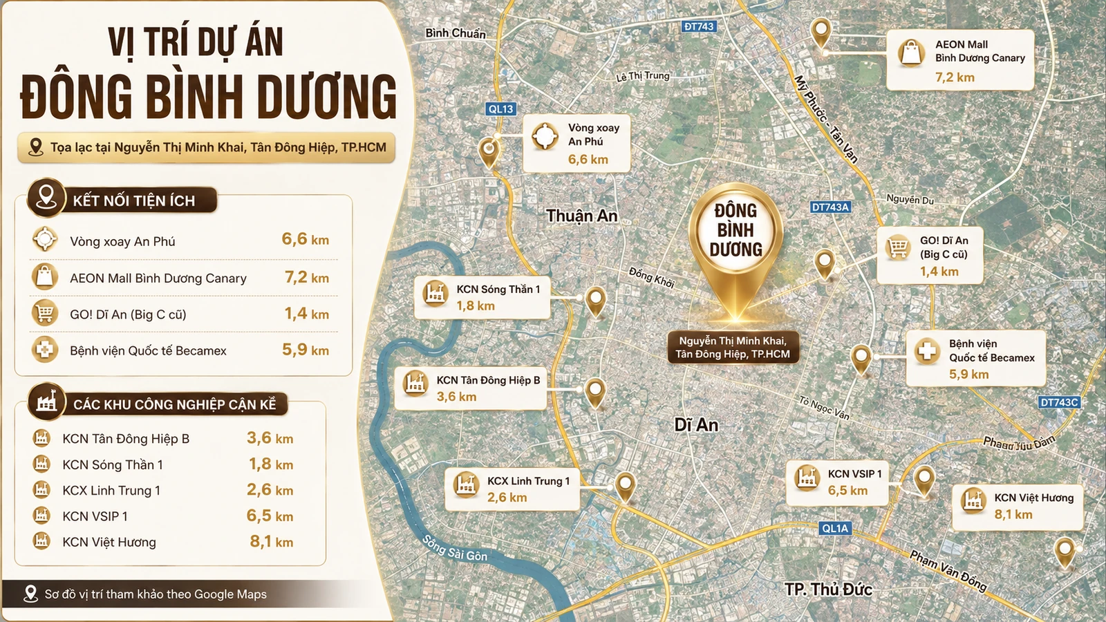 Vị trí dự án Đông Bình Dương Bản đồ vị trí dự án Đông Bình Dương tại Nguyễn Thị Minh Khai, Tân Đông Hiệp, TP.HCM